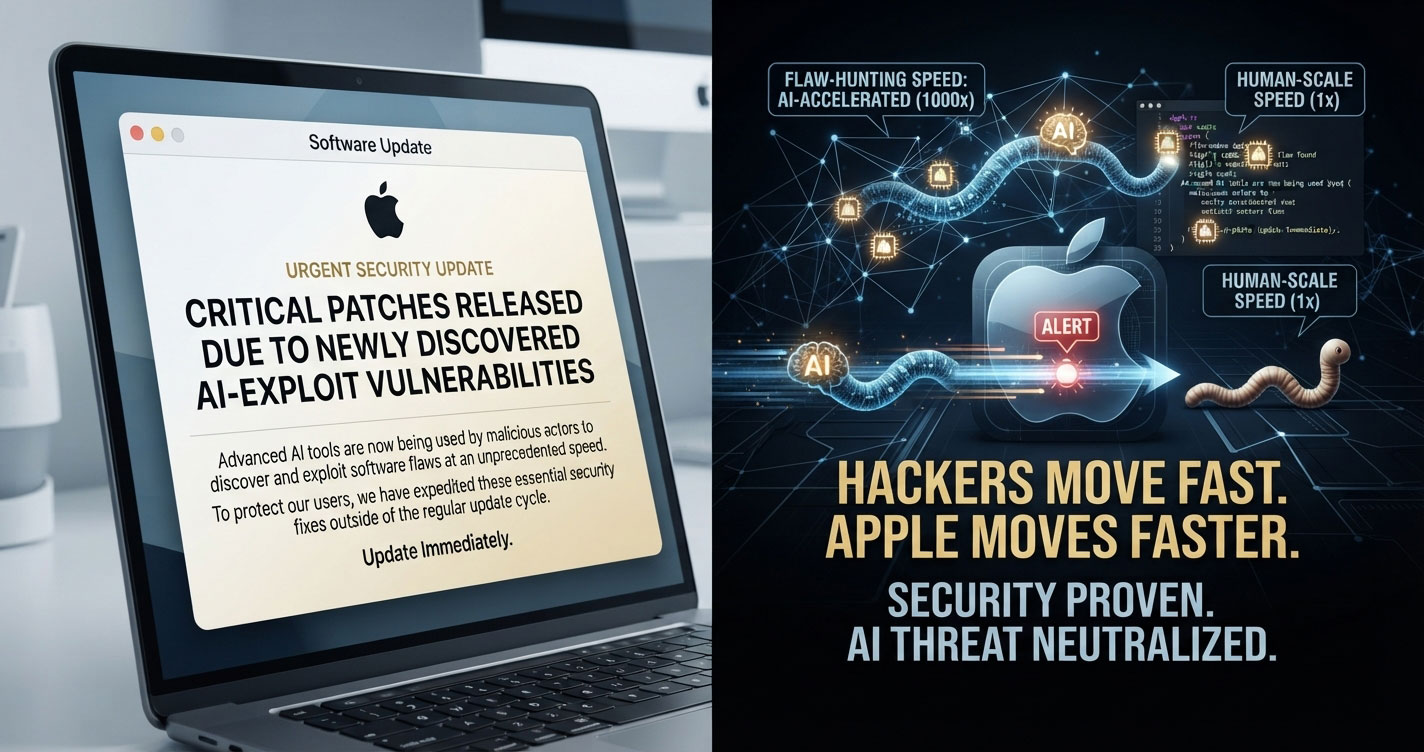 Composite image: left side shows a laptop screen with an urgent security update about AI-exploit vulnerabilities; right side features a cybersecurity infographic with hackers and the slogan “Hackers move fast. Apple moves faster.”