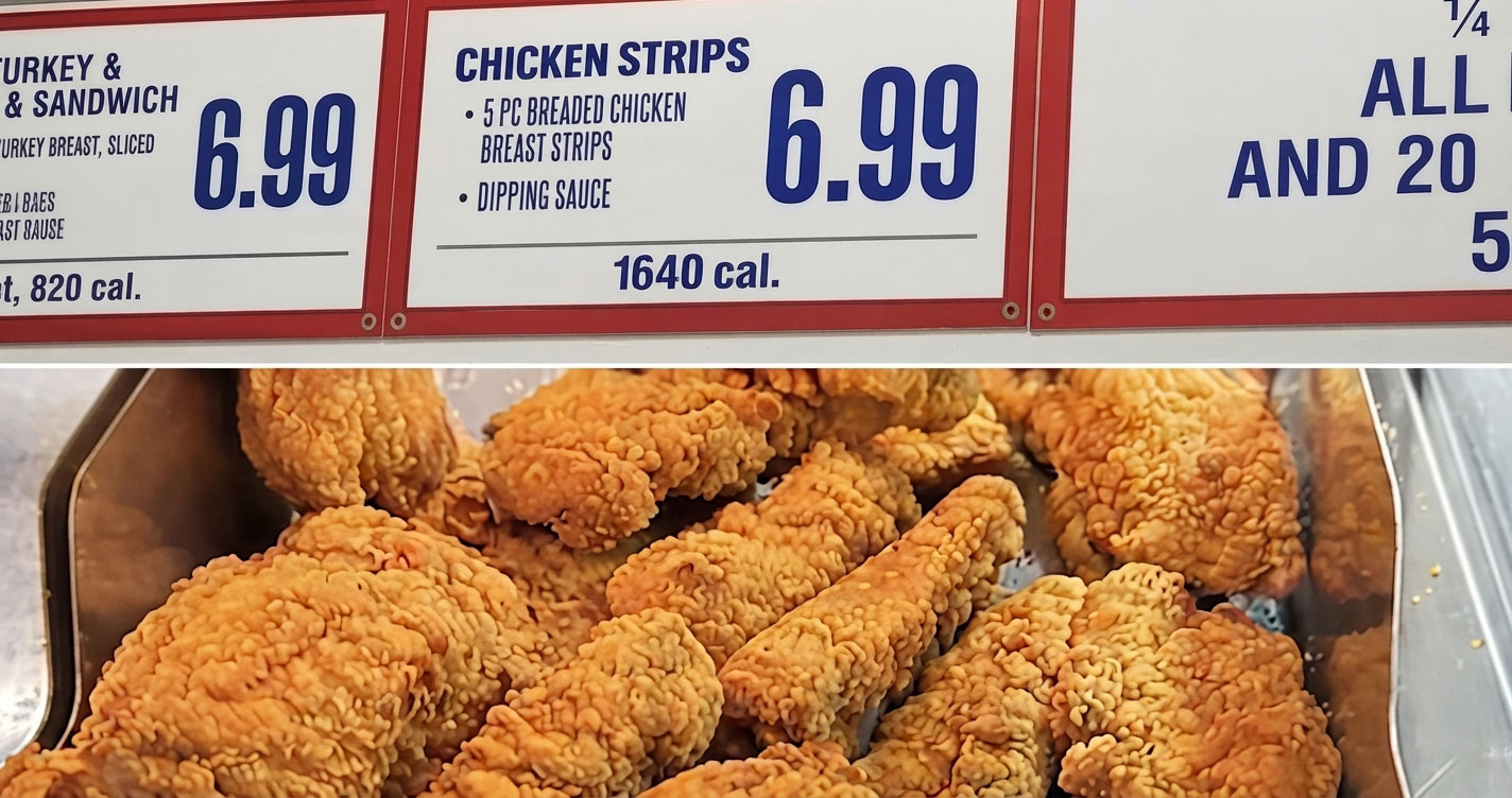 Menu boards advertise chicken strips for 6.99; below, a tray of crispy, breaded fried chicken pieces in a metal bin.