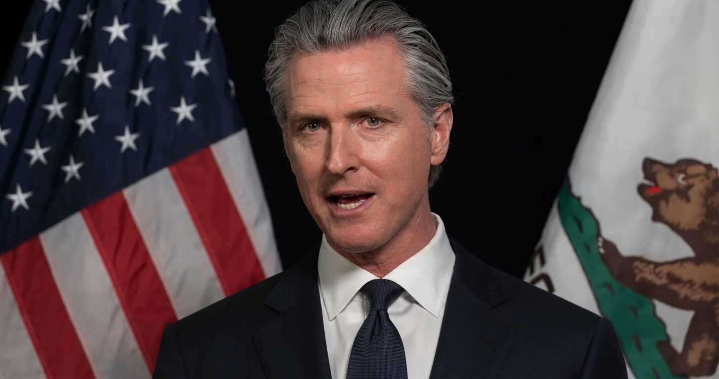 Man in a dark suit and tie speaks in front of U.S. and California flags.