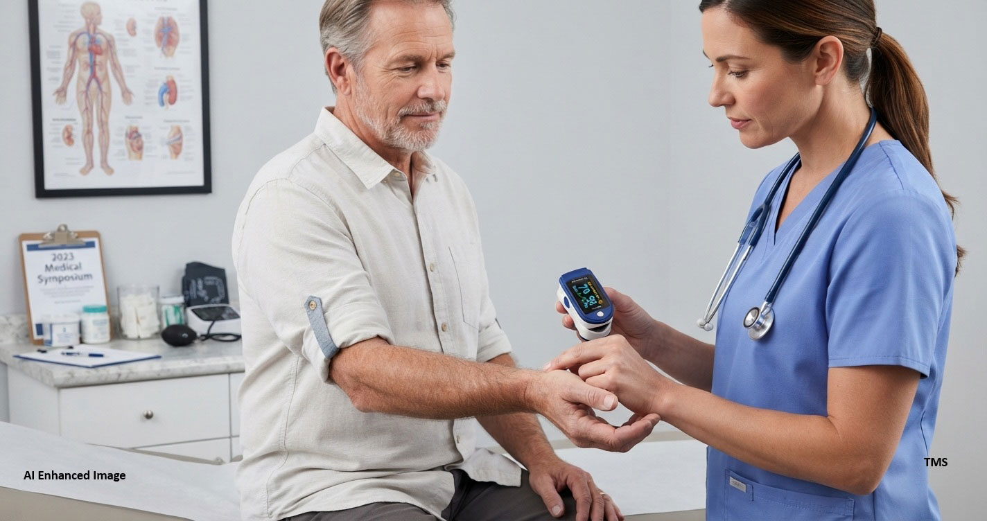 Nurse in blue scrubs checks the patient’s vitals with a pulse oximeter on his finger as a blood pressure cuff is wrapped around his arm in a clinic.