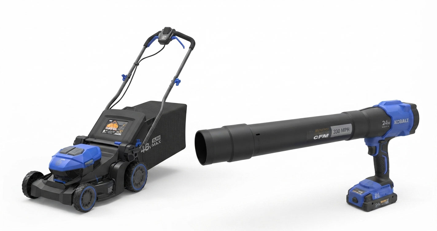 Cordless lawn mower connected to a long leaf blower attachment, showing a modular garden tool system.
