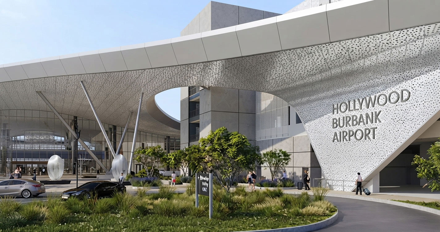 Exterior view of Hollywood Burbank Airport terminal with a curved perforated canopy and landscaping outside the entrance.
