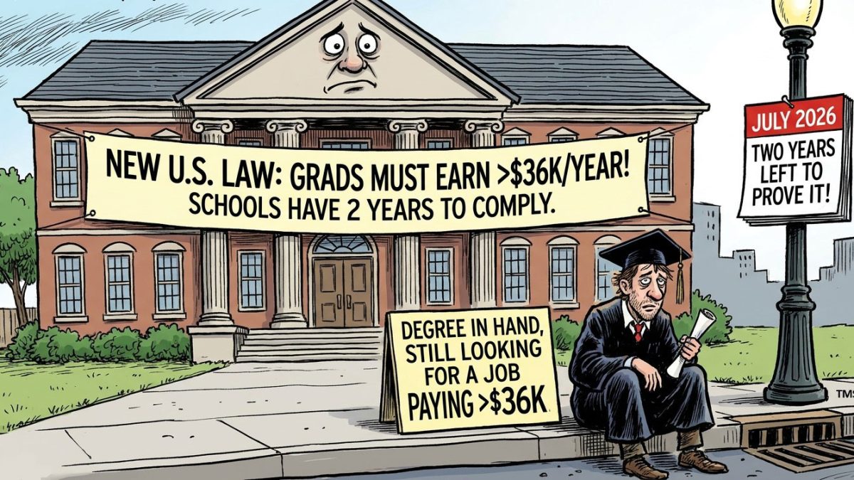 Political cartoon showing a courthouse-like college building with a large banner: Grads must earn >$36K/yr; schools have 2 years to comply, while a sad graduate sits nearby with a diploma and a second sign reading 'Degree in hand, still looking for a job paying >$36K'.
