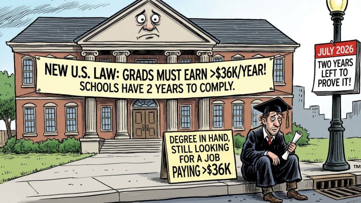 Political cartoon showing a courthouse-like college building with a large banner: Grads must earn >$36K/yr; schools have 2 years to comply, while a sad graduate sits nearby with a diploma and a second sign reading 'Degree in hand, still looking for a job paying >$36K'.