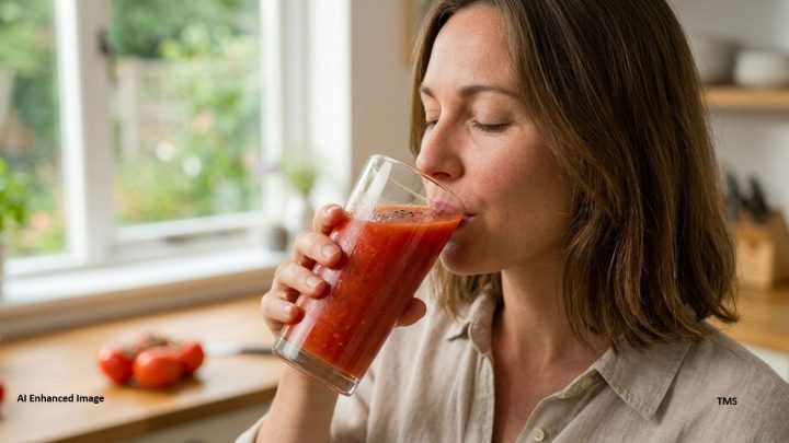 Woman drinks a tall glass of red tomato juice in a bright kitchen window light.