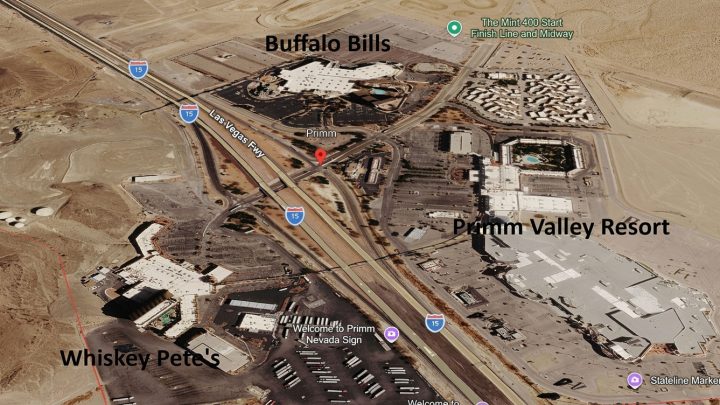Aerial map of Primm, NV showing I-15 corridor, Primm Valley Resort, Whiskey Pete's, and Buffalo Bills sign nearby.