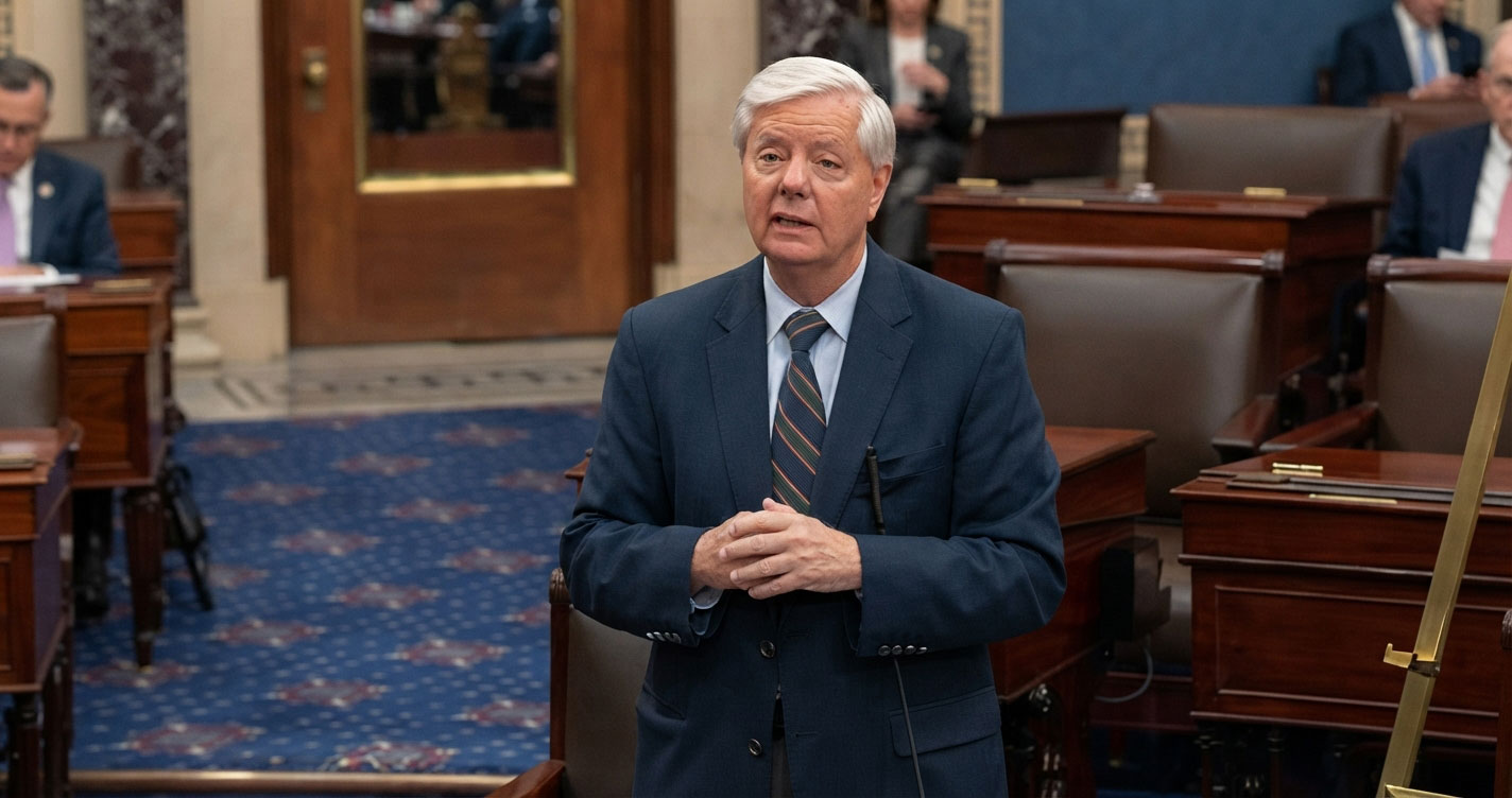 Older man in a navy suit stands at the front of a wood-paneled legislative chamber, speaking with hands clasped in front of him.