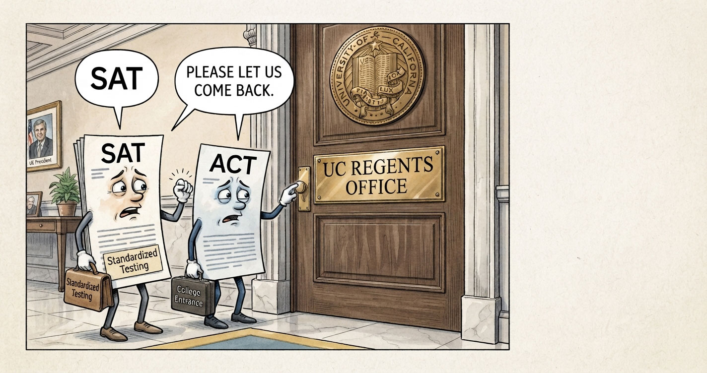 Cartoon showing worried SAT and ACT papers begging to return to the UC Regents Office, with briefcases labeled 'Standardized Testing' and 'College Entrance' as they stand at a door marked 'UC Regents Office'.