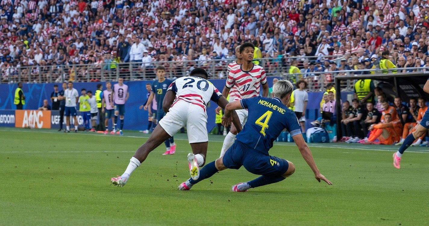 Soccer players contest a ball with a sliding tackle as a blue jersey #4 hits the ground and a white-red striped player approaches, in a packed stadium crowd.