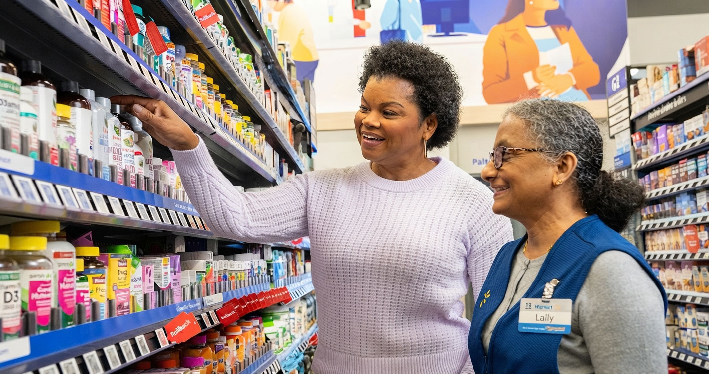 Two women in a pharmacy aisle smile as one points to vitamins on the shelf.