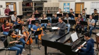 School band rehearsal in a classroom: conductor directs students playing violins, cellos, woodwinds, brass, with pianist on the right.