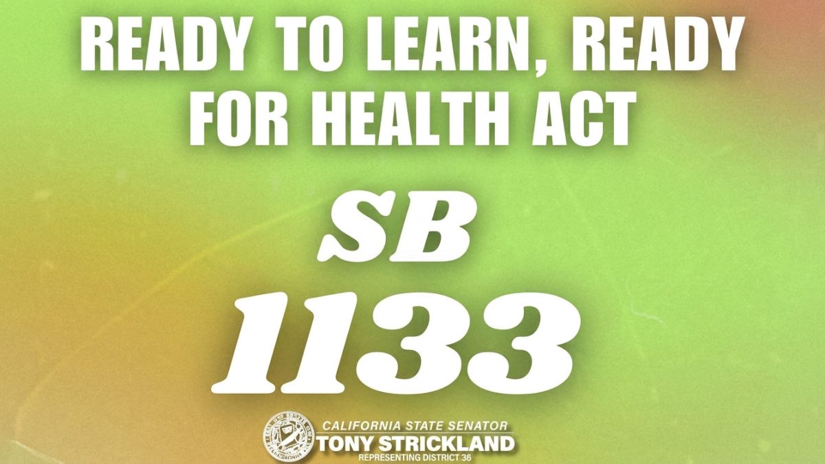 Campaign graphic for SB 133: 'Ready to learn, ready for health act' with a California Senate logo and name